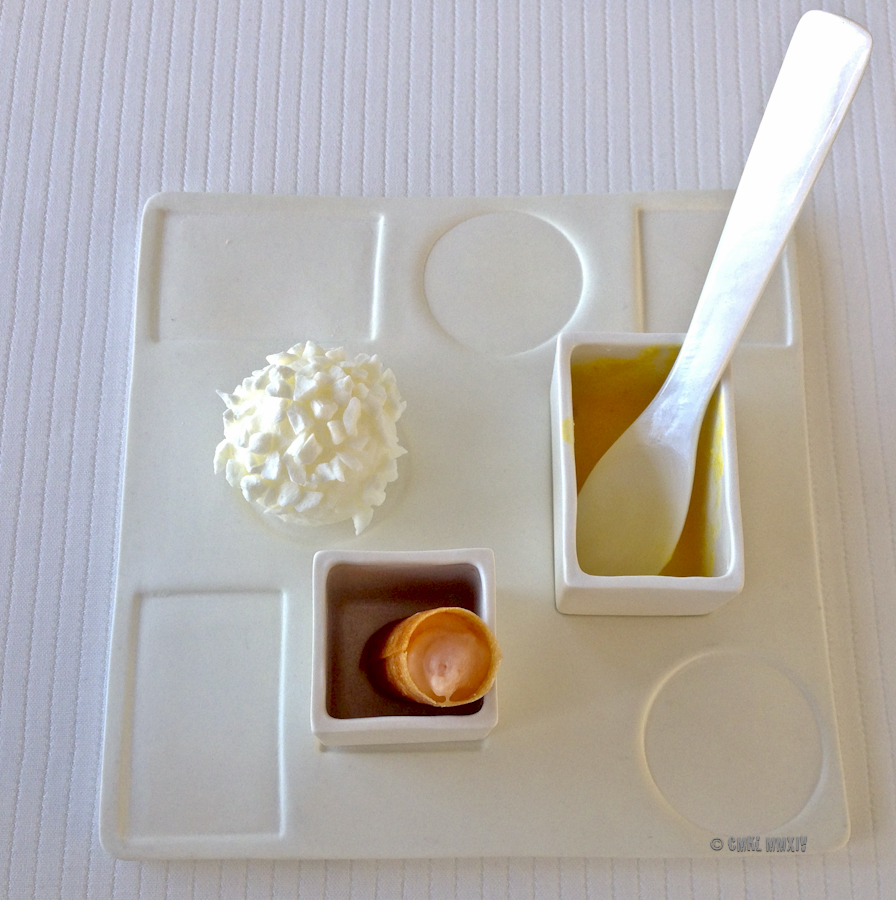 A light & extremely fluffy pumkin mousse, a crispy wafer filled with fish roe, a springy ball of moussed milk covered in crunchy Greek yoghurt tid-bits